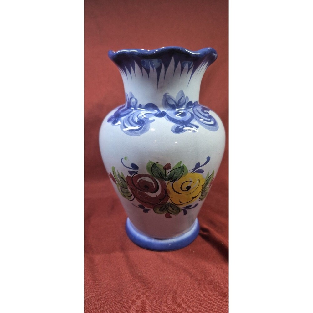 Vintage Portuguese Pottery Vase 397 Hand Painted Folk Art Floral Alcobaca Read
